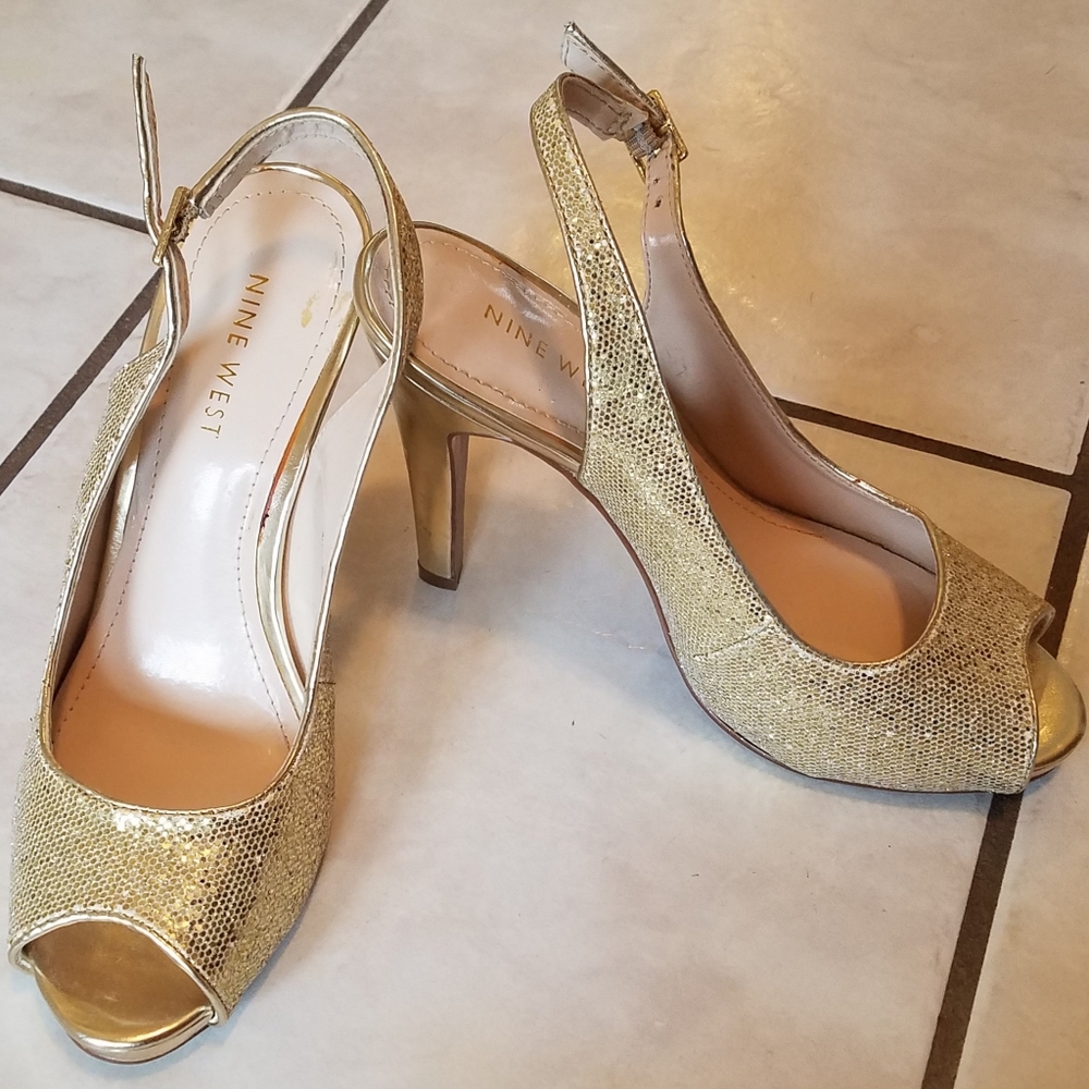Gold Sparkly Nine West 6M 4.5" Peep Toe Heels